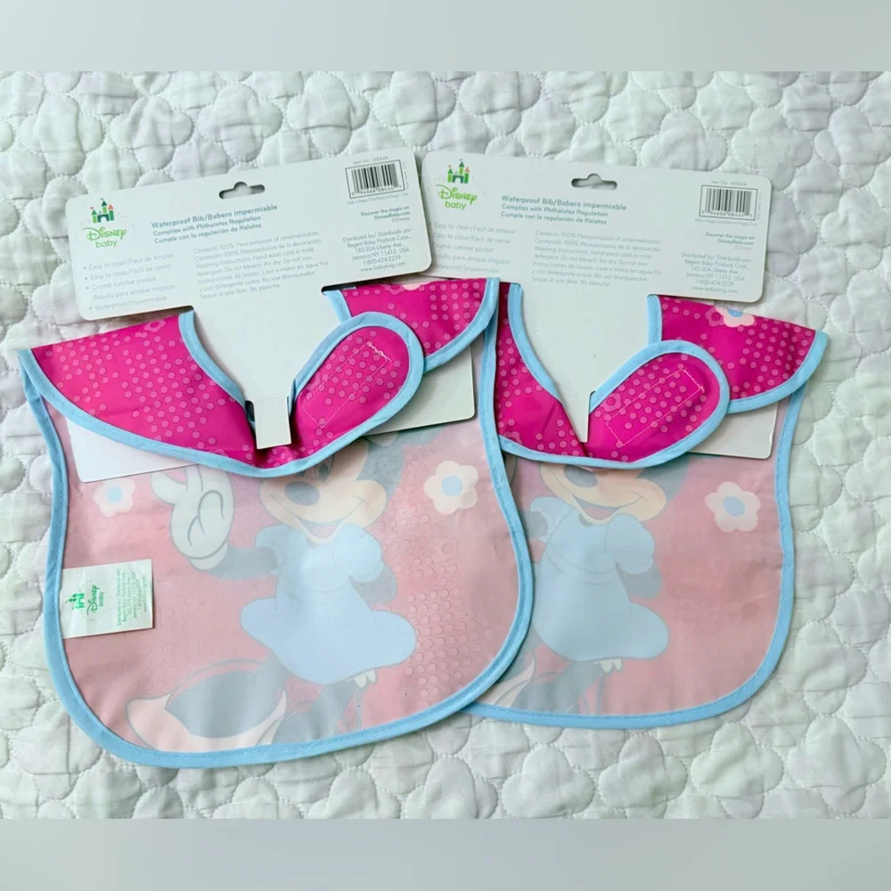 Disney Baby Minnie Mouse Set of 2 Waterproof roof Pocket Bibs Sz 0+